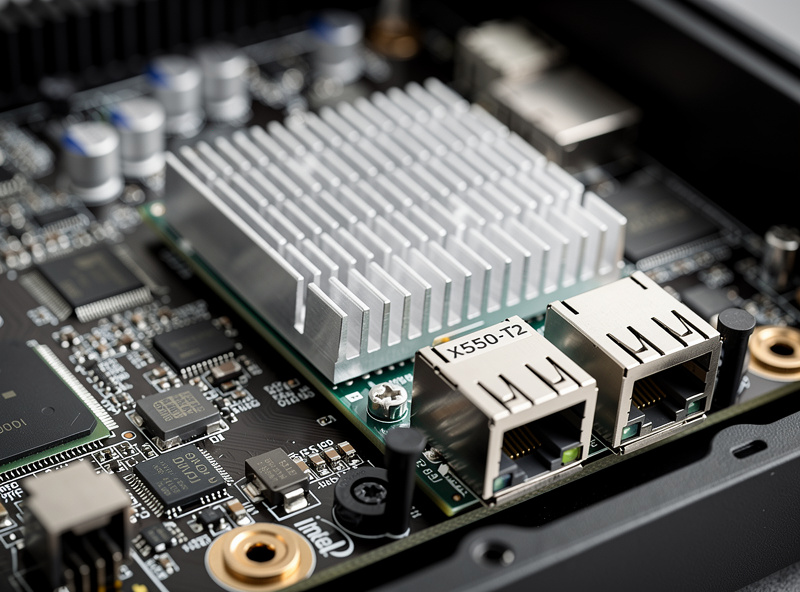 Internal view of an Intel X550-T2 dual port 10 GbE NIC card with twin RJ45 ports installed in a mini PC PCIe slot showing the heatsink and chipset
