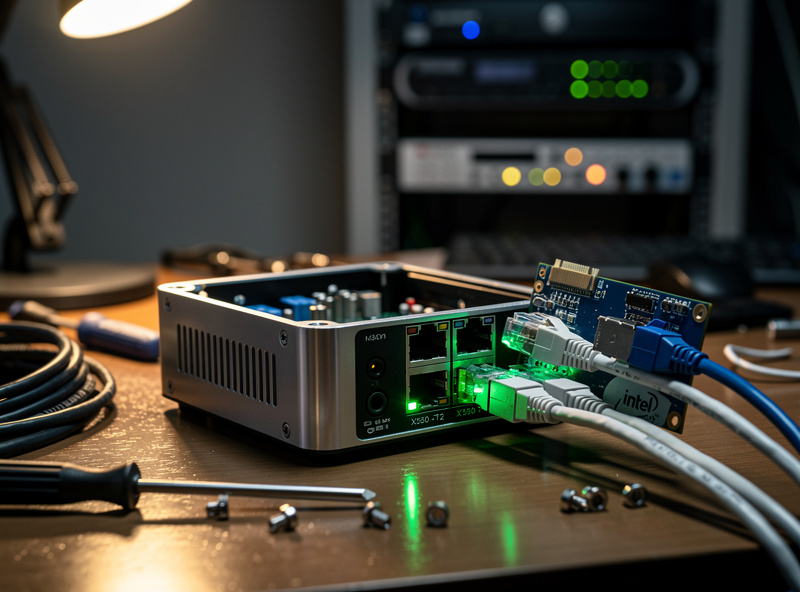 Custom DIY 10 GbE router build with a Topton N305 mini PC and an Intel X550-T2 dual port 10 GbE NIC connected to a homelab network with status lights illuminated
