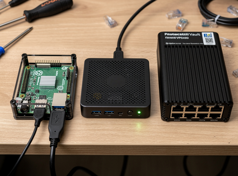 Top down view of three DIY router hardware platforms on a workbench: a Raspberry Pi 5 a Topton N100 mini PC and a Protectli Vault VP2420 with their respective ports visible