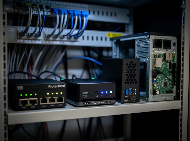Comparison display of multiple DIY router platforms on a workbench: Protectli Vault Topton N100 Raspberry Pi 5 and an old salvage PC with dual NIC card all running with status lights visible