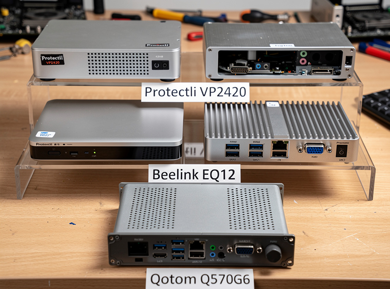 Five mini PC router platforms displayed side by side on a workbench: Protectli VP2420 Topton N100 Beelink EQ12 Qotom Q570G6 and Protectli FW6E showing different sizes and port configurations