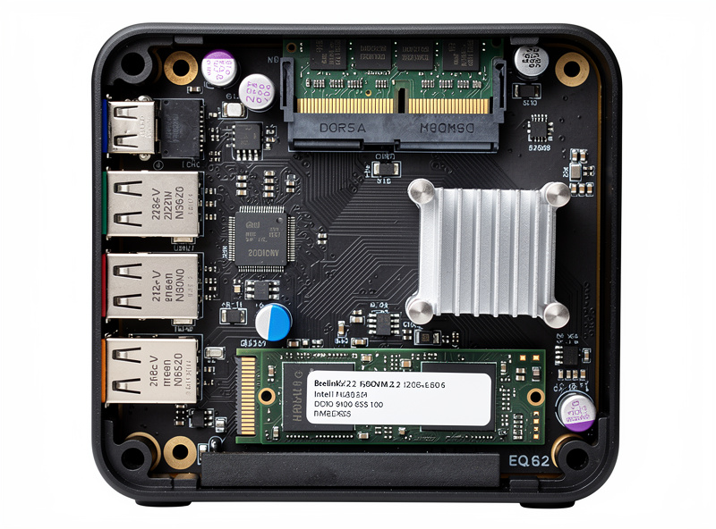 Internal view of a Beelink EQ12 mini PC with case open showing the Intel N100 CPU heatsink Intel i226-V dual NIC chips DDR5 RAM and M.2 NVMe SSD