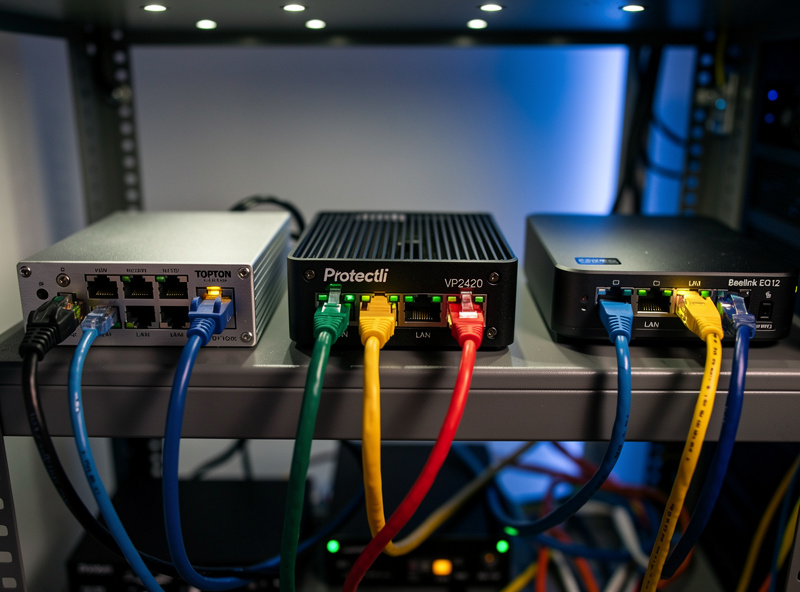 A homelab rack with three mini PC routers operating: a Topton N100 a Protectli VP2420 and a Beelink EQ12 all running pfSense with status lights illuminated and Ethernet cables connected