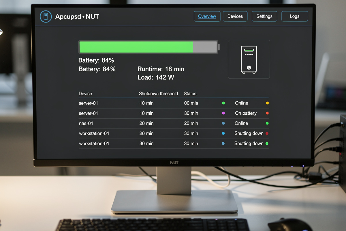 apcupsd or NUT dashboard showing UPS battery status and tiered shutdown thresholds