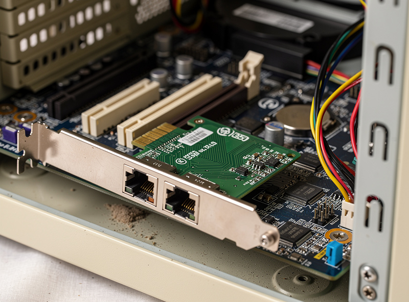 Salvage build old desktop PC with case open showing the motherboard, RAM, and a dual port Intel I350 PCIe NIC card installed for pfSense router use