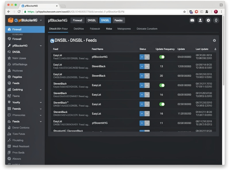 pfBlockerNG DNSBL feed configuration with EasyList and StevenBlack lists enabled