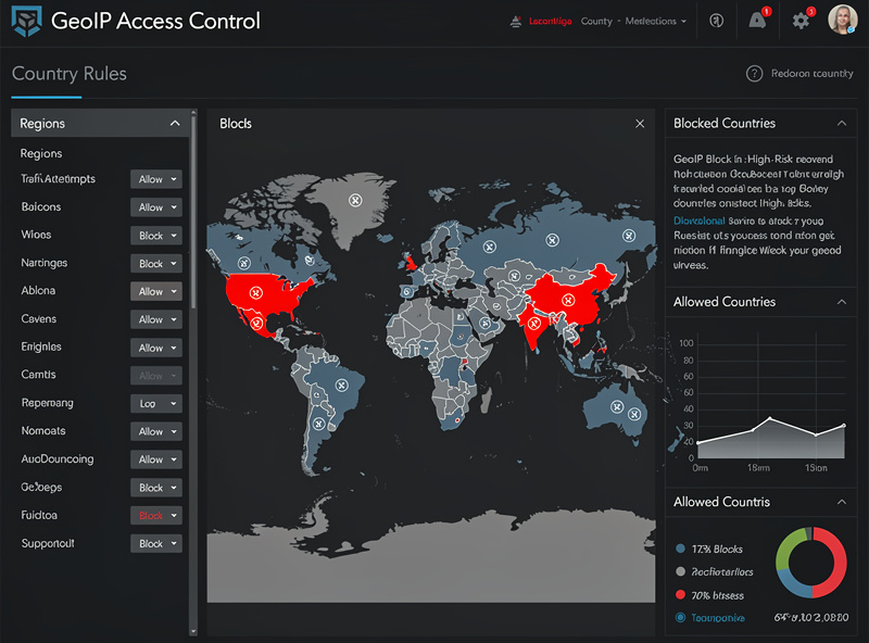 GeoIP block configuration screen showing country selection map with high-risk countries blocked