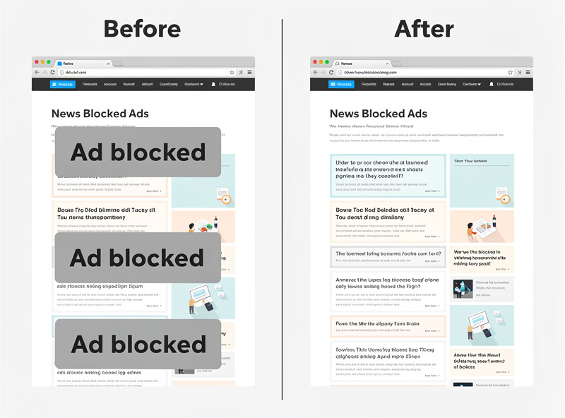 Browser showing blocked ad placeholder and clean website without advertisements