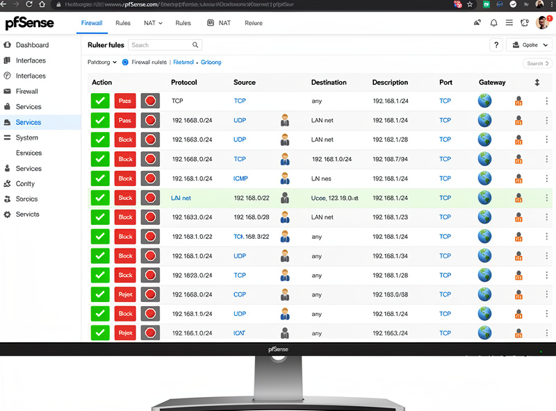pfSense firewall rules configuration page showing detailed rule list