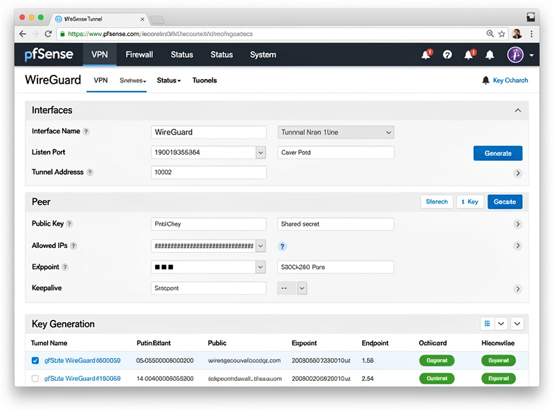 pfSense WireGuard VPN tunnel configuration screen showing peer setup and key generation