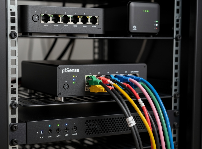 Mini PC running pfSense in home network rack with multiple Ethernet cables