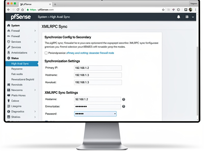 pfSense XMLRPC sync configuration screen showing primary and secondary node setup