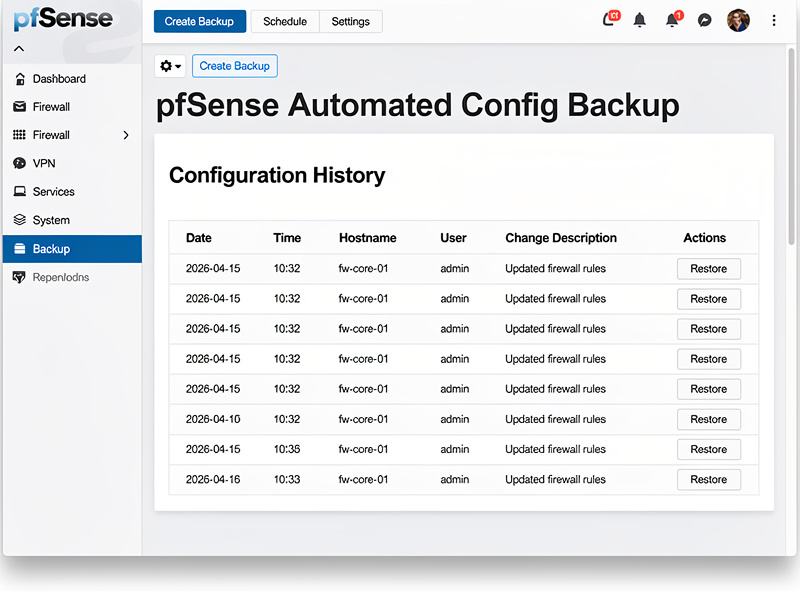 pfSense automated config backup management showing configuration history list with restore points