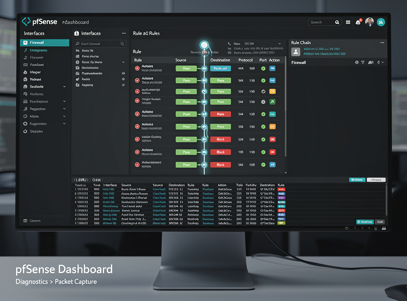 pfSense firewall rules diagnostic showing packet trace through rule chain
