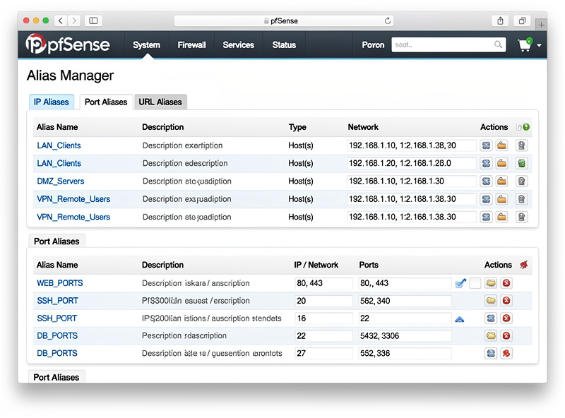 pfSense alias manager showing IP address groups and port aliases