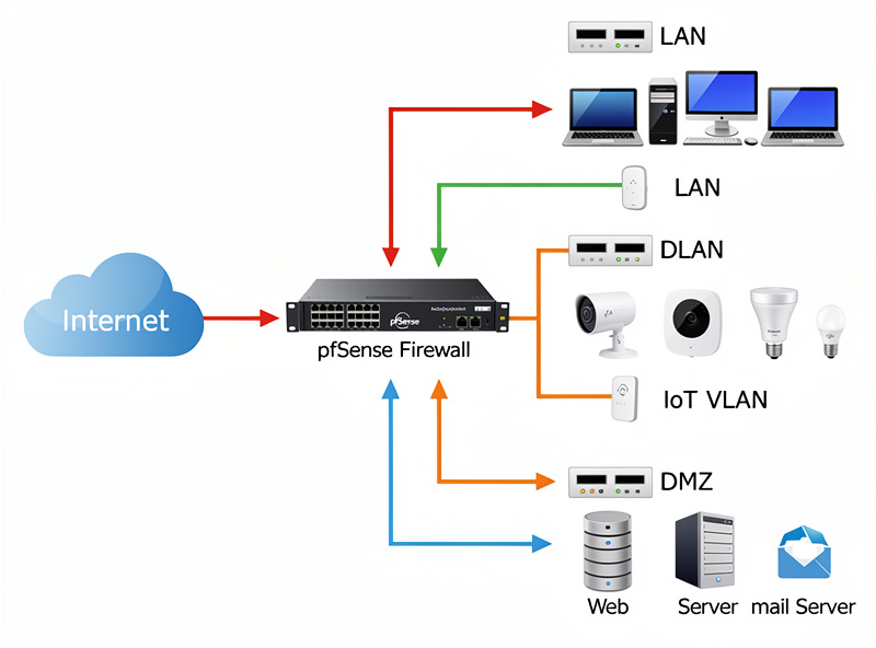 Network topology diagram showing pfSense firewall protecting LAN, IoT VLAN, and DMZ from internet