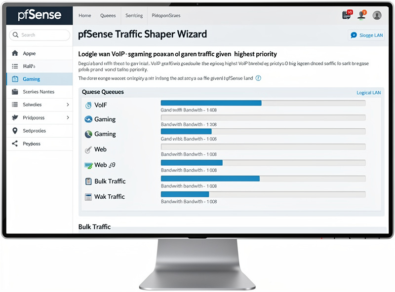 pfSense traffic shaper wizard showing single LAN setup with VoIP gaming priority configuration
