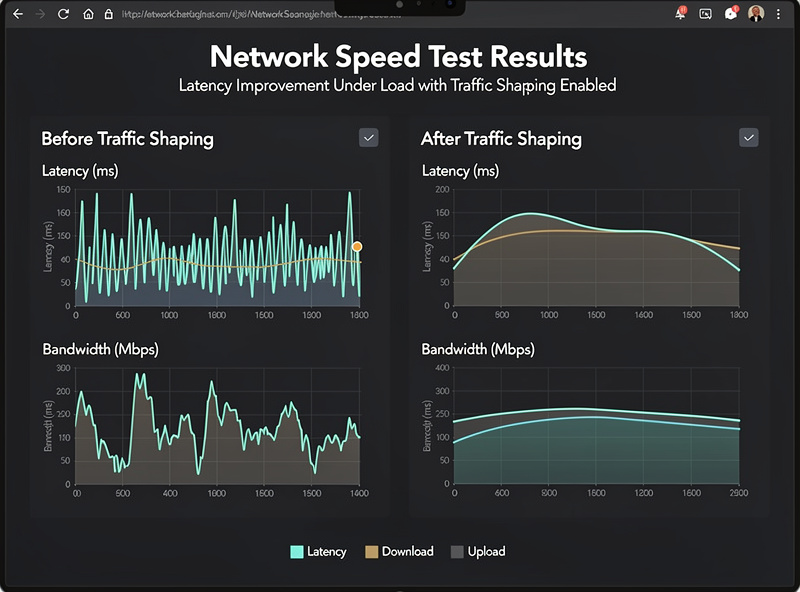 Network speed test results showing latency improvement under load with traffic shaping enabled