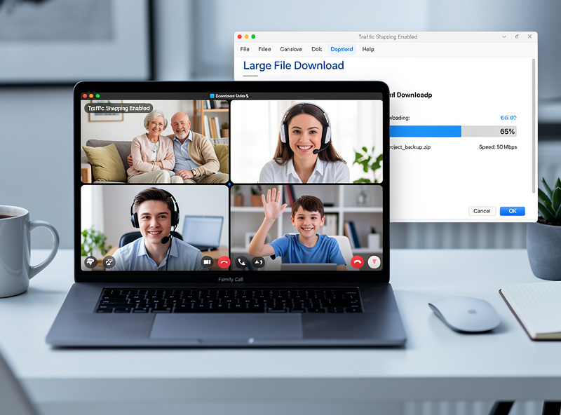 Family video call running smoothly while large file download progresses in background