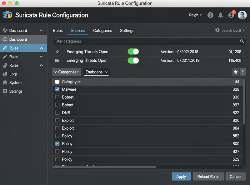 Suricata rule configuration screen showing Emerging Threats Open ruleset enabled with category filters