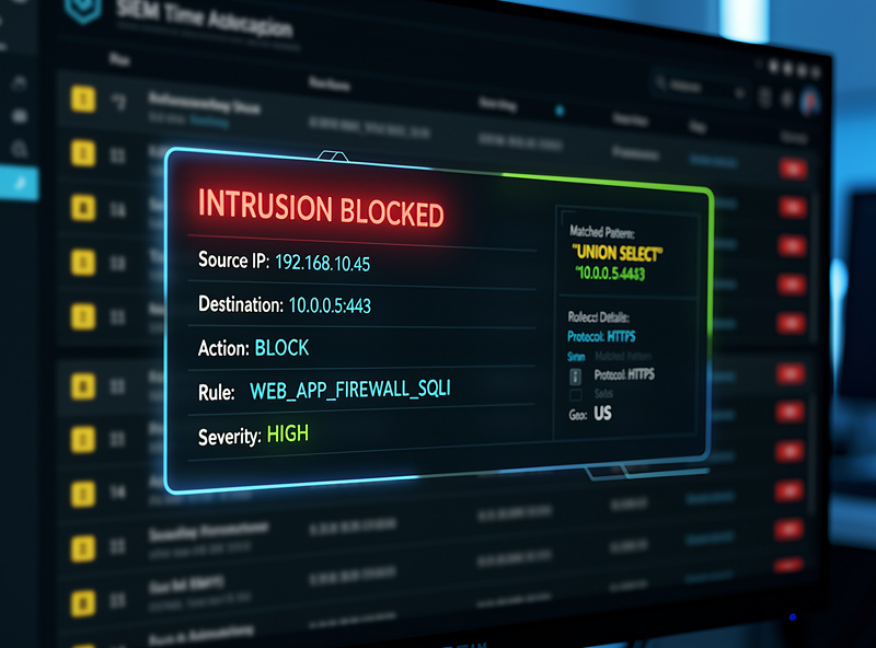 Real-time intrusion alert showing blocked attack with source IP, destination, and rule details