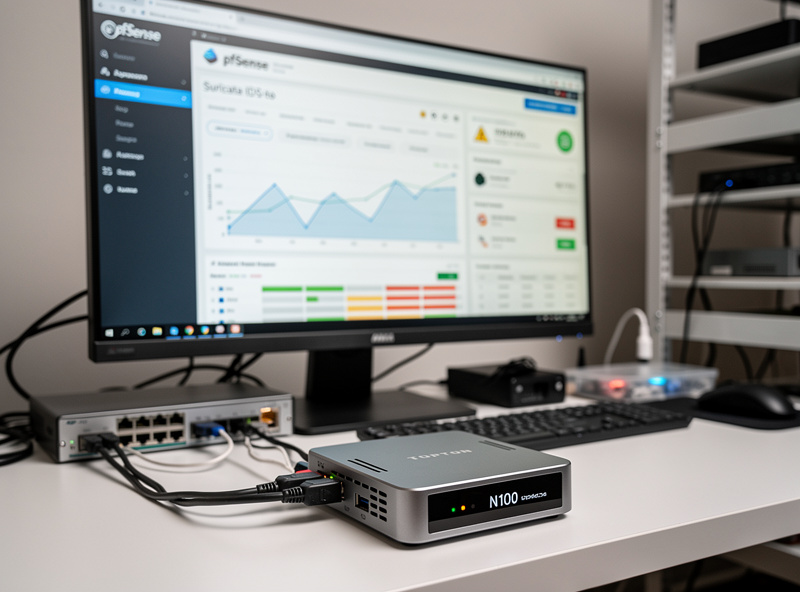 Topton N100 mini PC running pfSense with Suricata IDS enabled, monitoring dashboard visible
