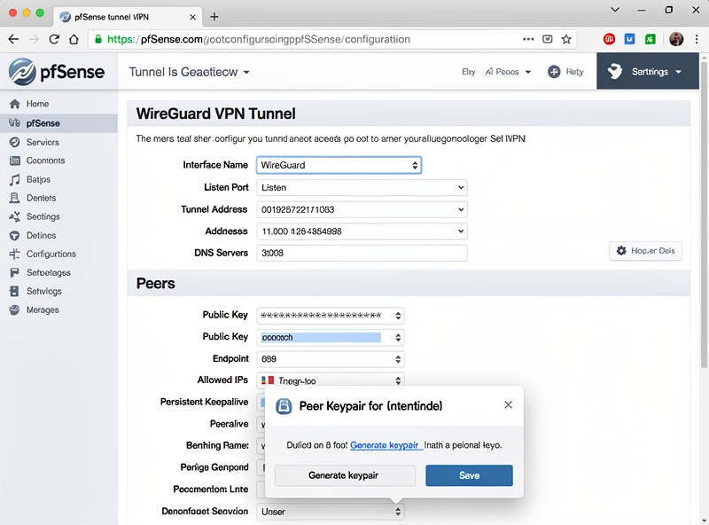 pfSense WireGuard tunnel setup screen with peer keypair generation