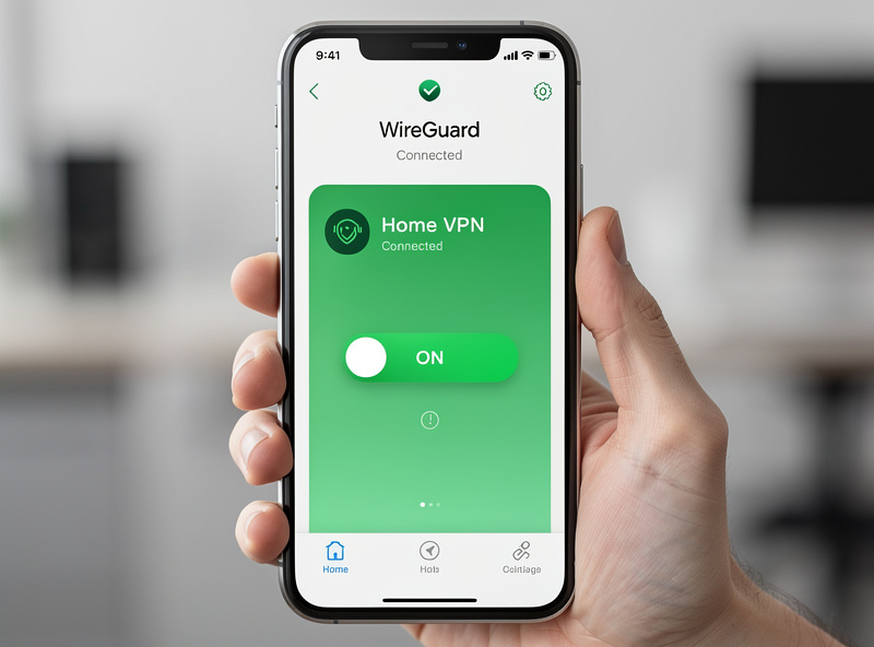 Mobile phone WireGuard client showing connected VPN tunnel with green status