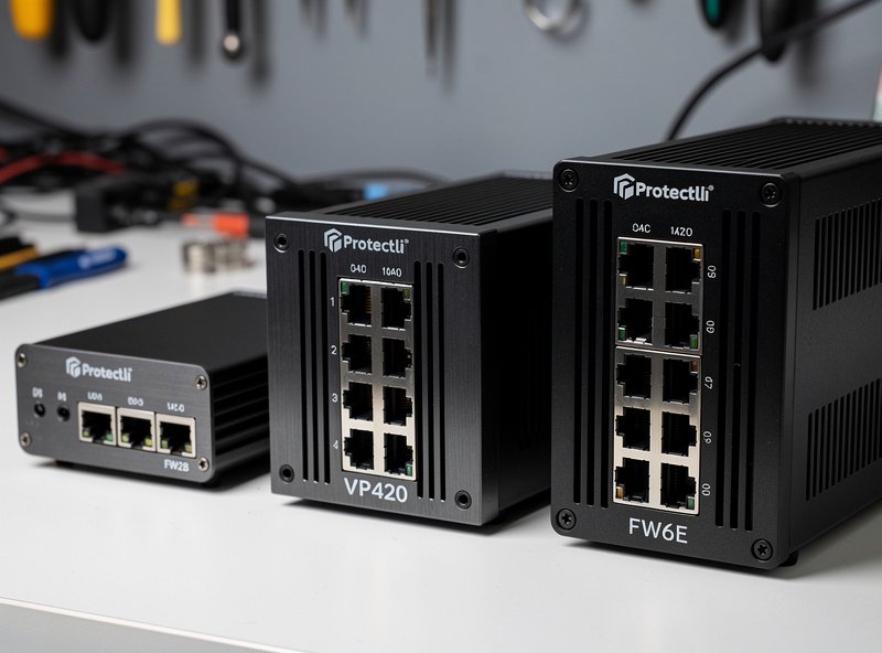 Three Protectli Vault models displayed side by side on a workbench: the budget FW2B the mainstream VP2420 and the enthusiast FW6E showing different sizes and port counts