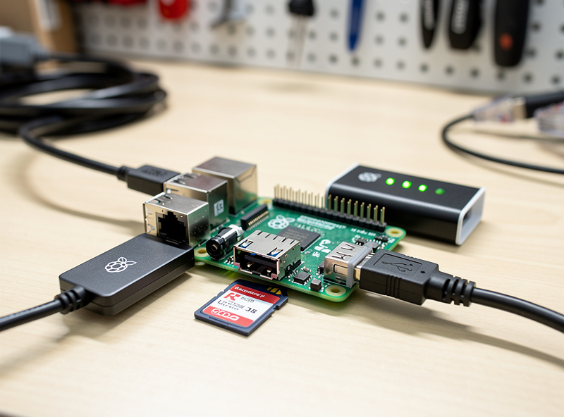 Raspberry Pi 5 setup as a router with industrial SD card USB SSD attached and USB Ethernet adapter for second NIC port providing reliable 24/7 operation