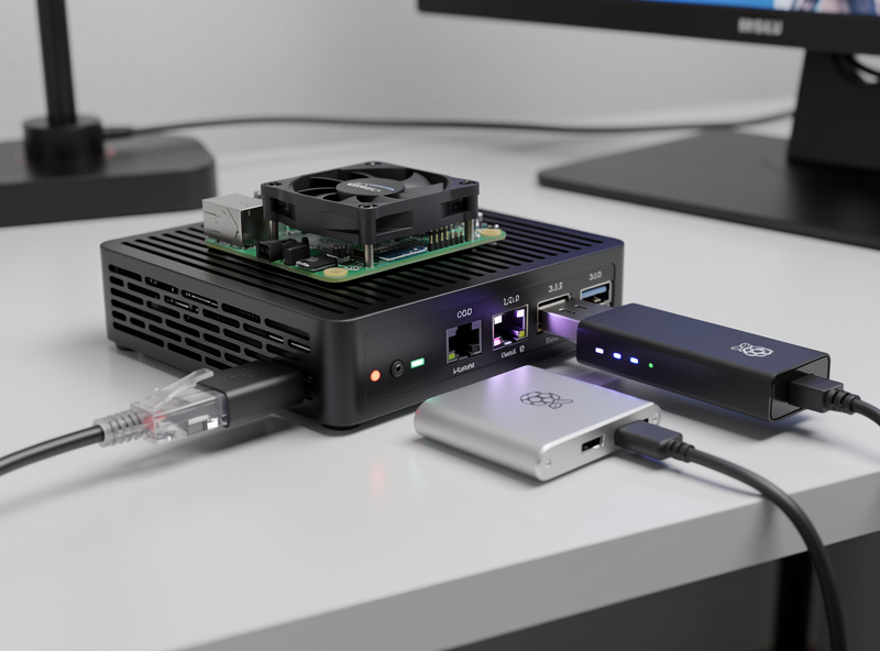 Complete Raspberry Pi 5 router build setup on a desk with active cooler USB SSD external Ethernet adapter and case with all components connected and power on