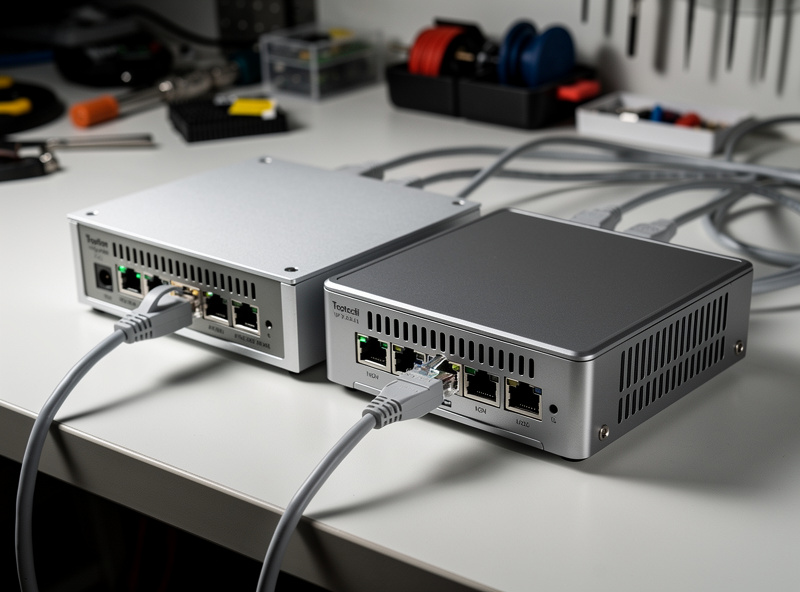 Topton N100 mini PC and Protectli Vault VP2420 displayed side by side on a workbench with Ethernet cables connected showing the similar form factor and visible differences