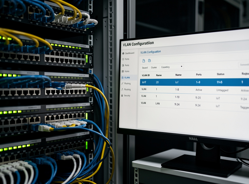 Network switch with VLAN configuration screen showing IoT VLAN isolated from main LAN