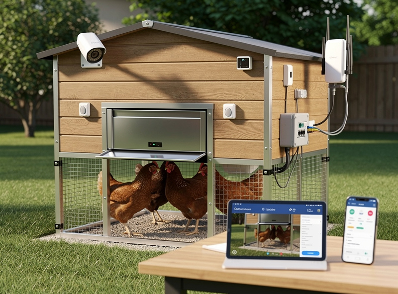 Smart chicken coop with cameras sensors and automated door on outdoor network