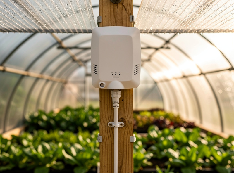 Ubiquiti outdoor access point mounted to the wooden ridgepole of a residential greenhouse with tomato and pepper plants growing below, ethernet cable running cleanly down a vertical post