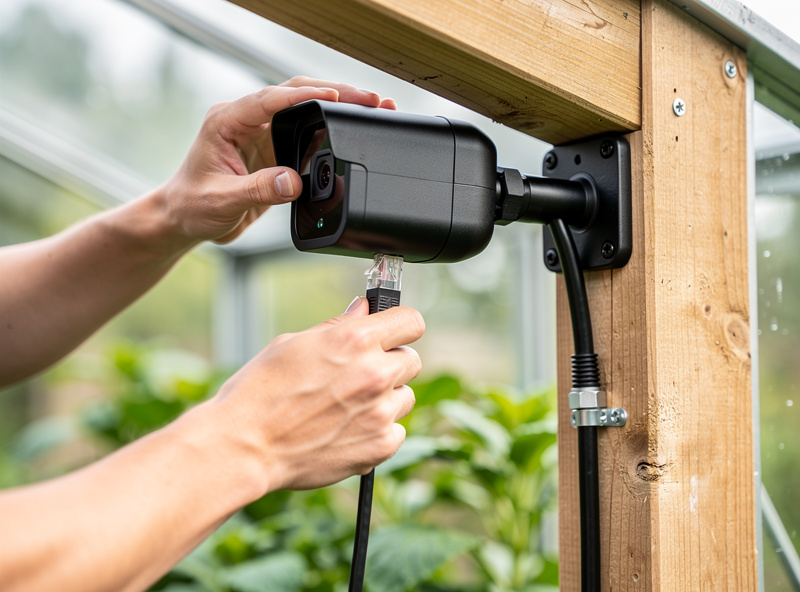 Hands installing a Reolink IP67 outdoor camera at the corner of a greenhouse interior, ethernet cable connected through a waterproof gland and running down a wooden post