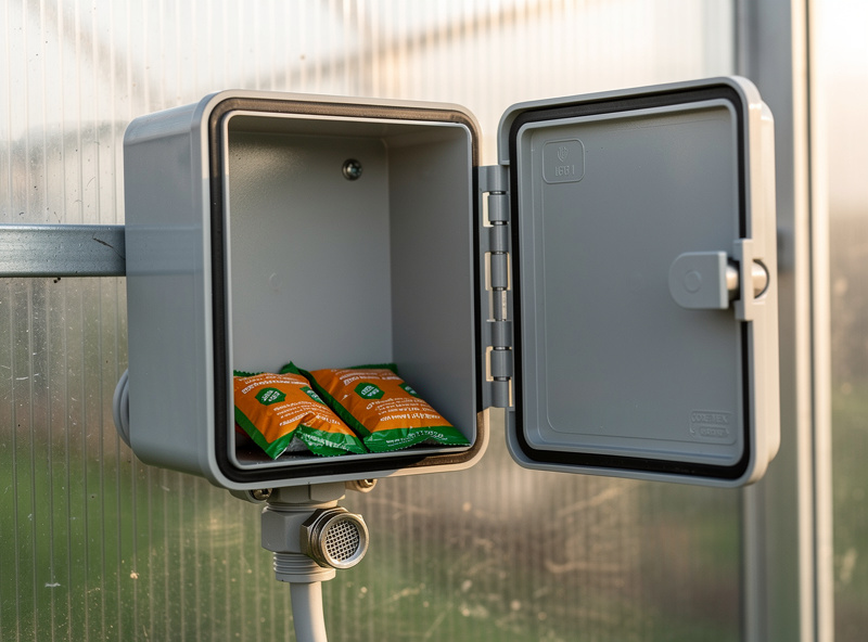 Close-up of an outdoor IP67 enclosure with a cable gland and Gore-Tex breather membrane, mounted to a greenhouse wall with silica gel desiccant packs visible inside the open enclosure
