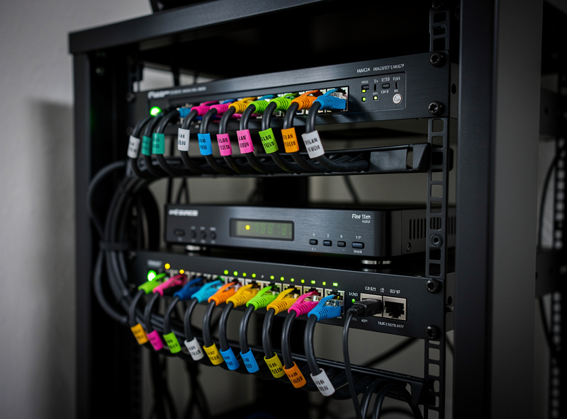 Modern wall-mounted network rack with managed switch fiber router rack-mounted music server and ethernet cables routed cleanly with VLAN-color labels