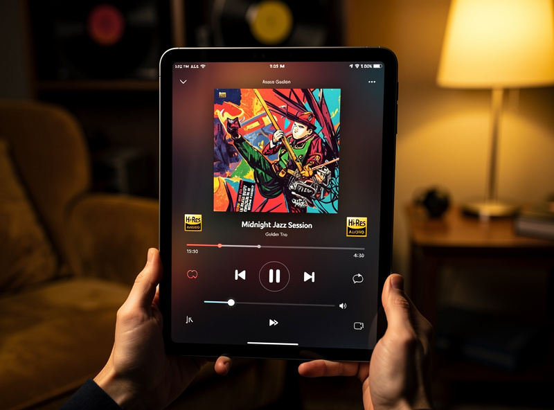 Tablet screen displaying music streaming app showing high-resolution audio playback with album art and lossless quality indicator in cozy listening room