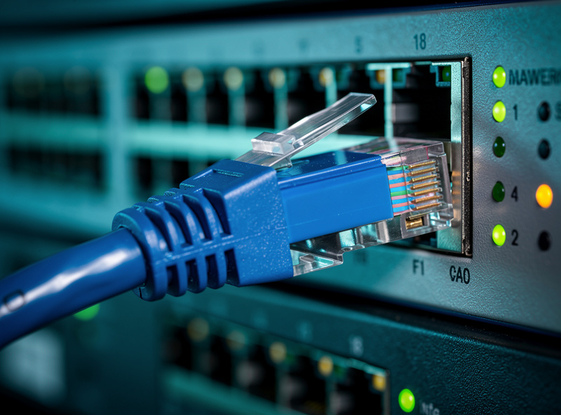Cat6 ethernet cable plugged into a managed gigabit network switch with status LEDs lit