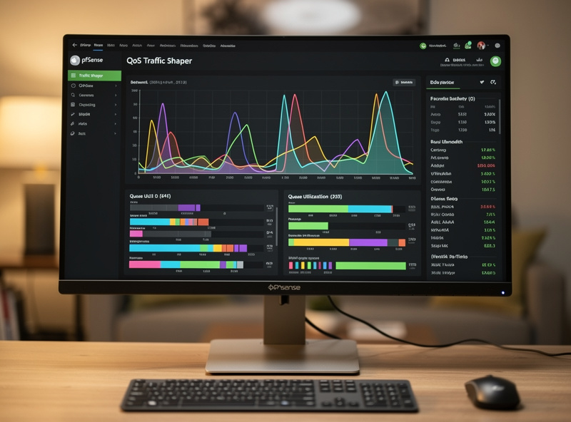 pfSense traffic shaper dashboard showing QoS bandwidth graphs and queue statistics