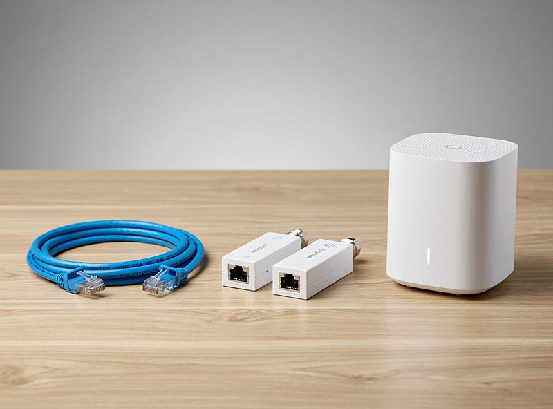 Three home network connection options compared: Cat6 cable, MoCA coaxial adapter pair, Wi-Fi 6 mesh node