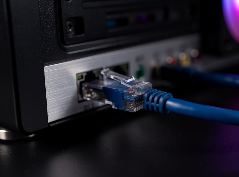 Cat6 ethernet cable plugged into a gaming PC for low-latency sim racing