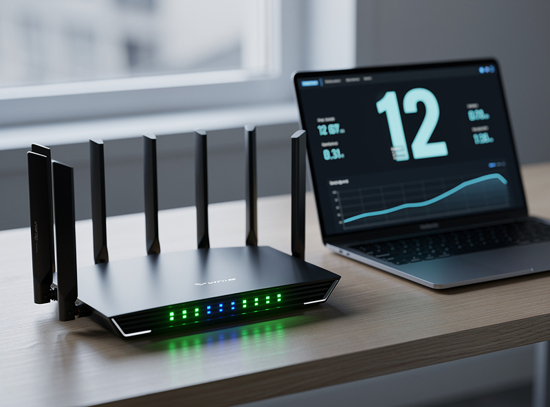 Wi-Fi 6E router with multiple antennas and laptop showing 12ms ping speed test result