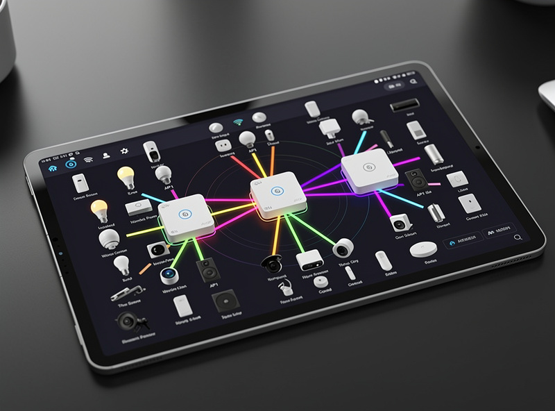 Network diagram on a tablet showing tri-band mesh with Wi-Fi 6 access points and IoT devices