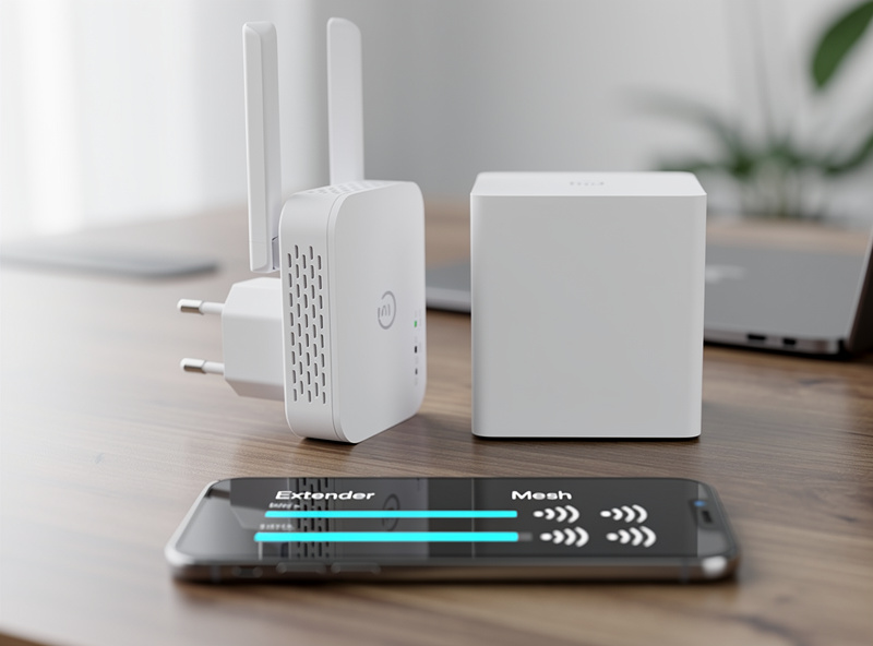 Wi-Fi range extender and mesh node compared side by side with smartphone showing signal