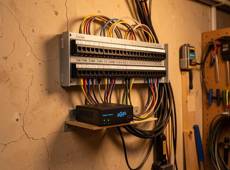 Wall-mounted patch panel with labeled Cat6a runs and a fanless multi-gig switch