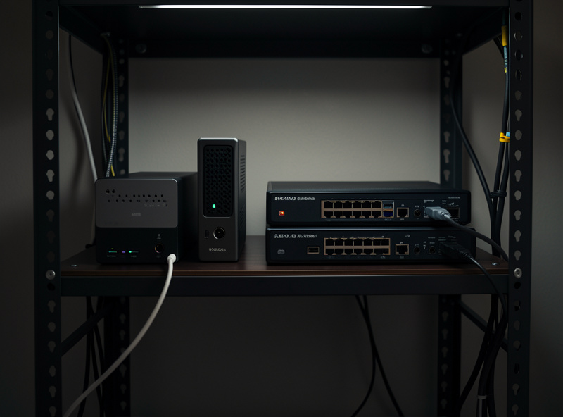 Rack with two mini servers running redundant DNS filtering for a home network