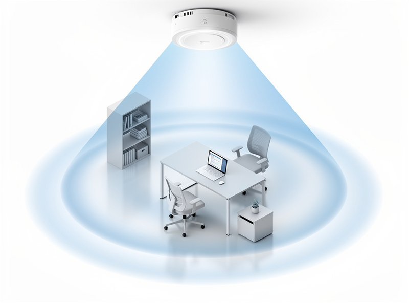 Ceiling-mounted access point radiating a circular coverage cell over a room