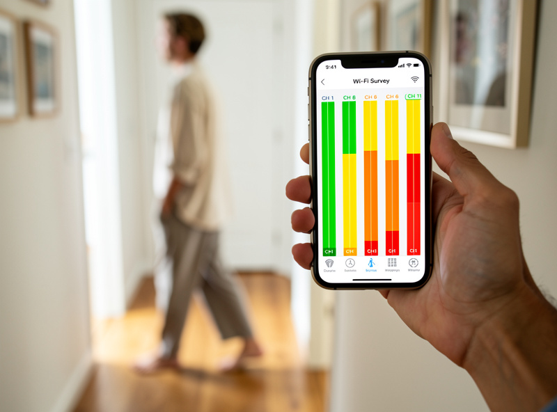 Person walking through a home holding a phone running a Wi-Fi analyzer survey app